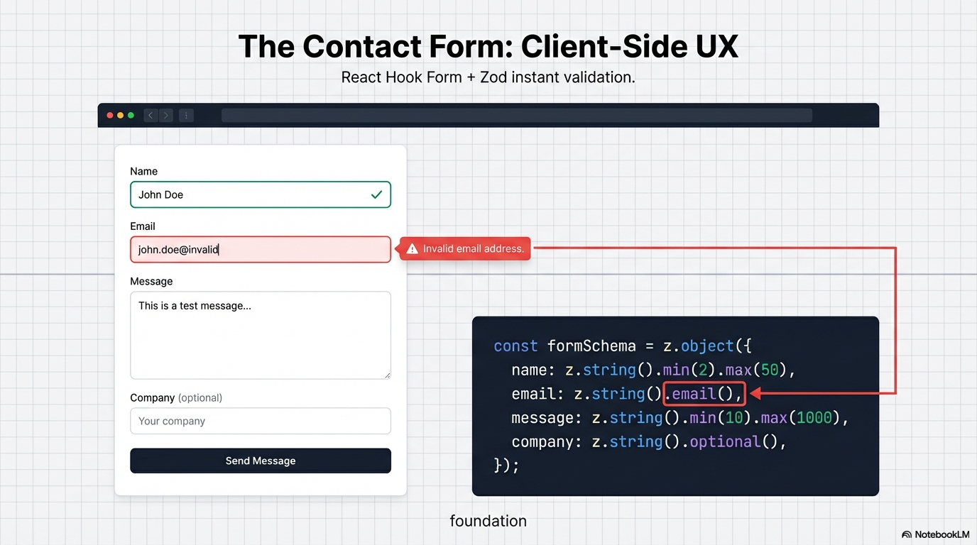 Production Contact Pipeline — validation, server actions, and Resend email delivery end-to-end